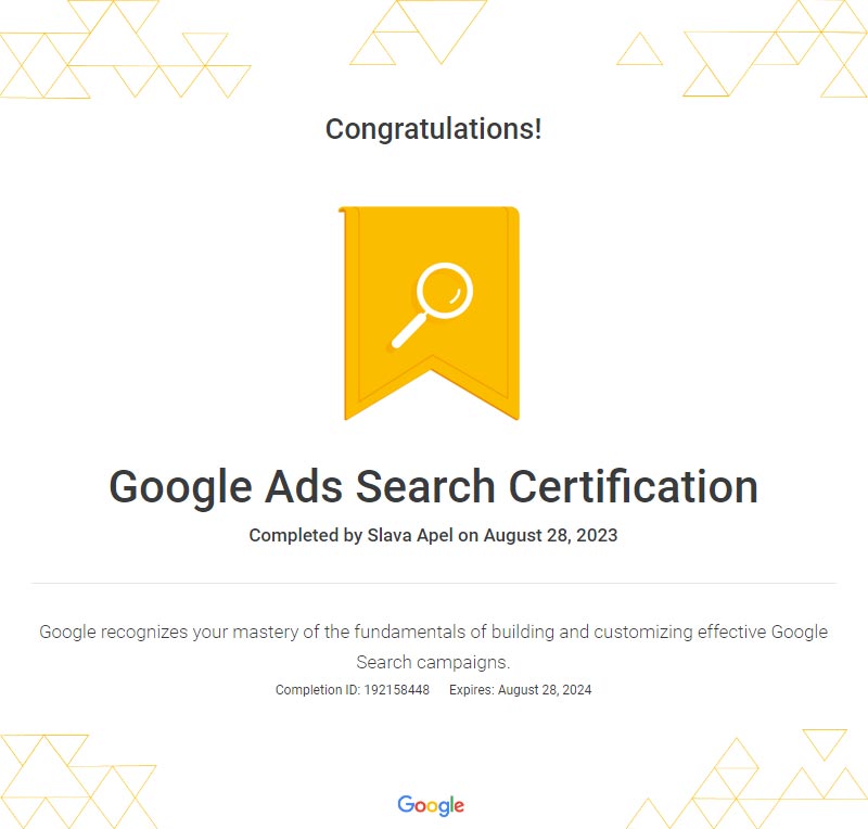 Google Ads Search Certificate for Slava Apel